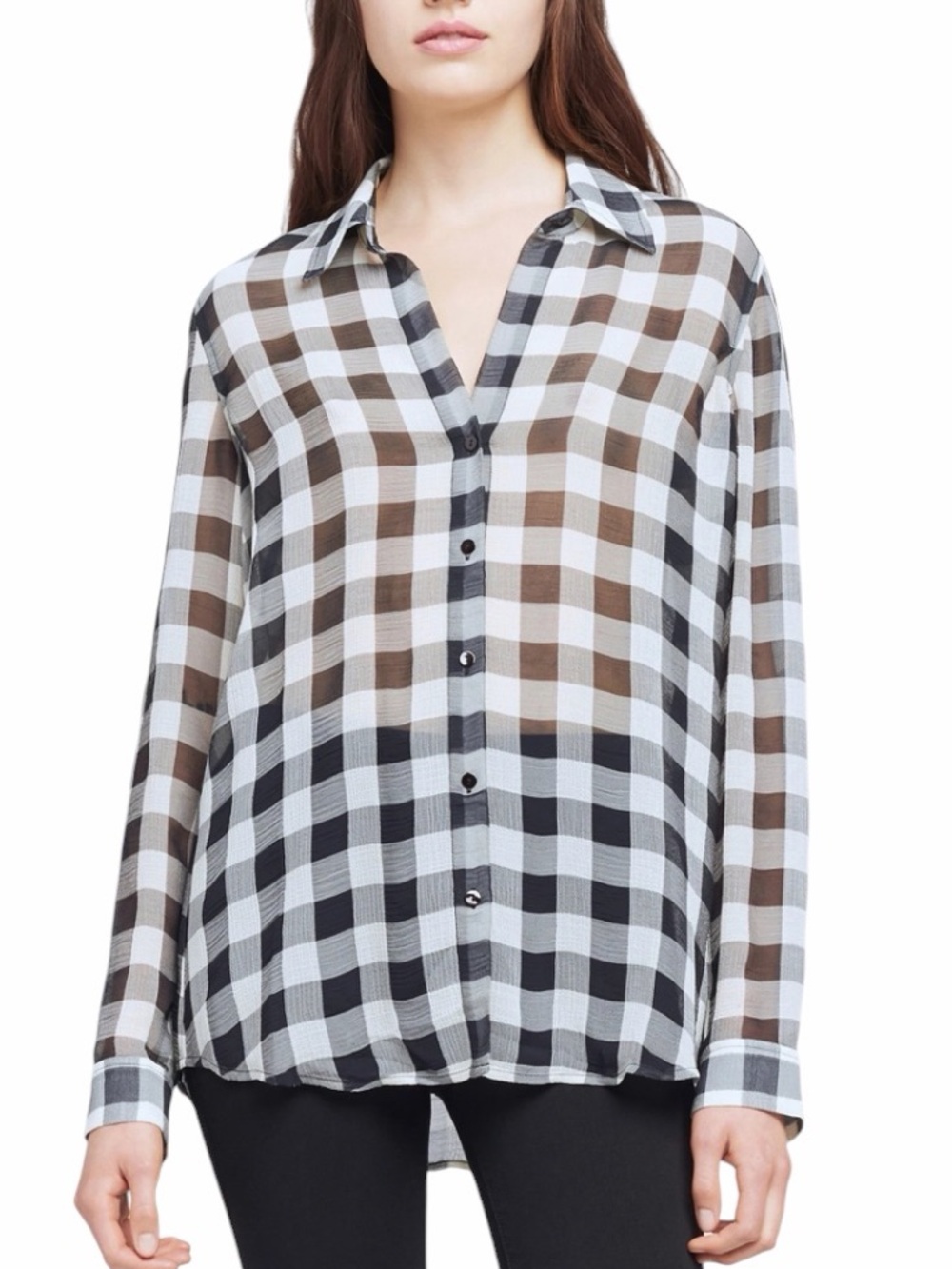 L’AGENCE Grey & Ivory Buffalo Plaid 100% Viscose Sheer Button Front Blouse Large